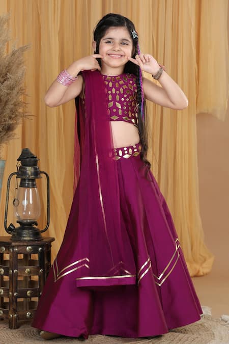 Shop_The Little Celebs_Purple Silk, Crepe, Chiffon Embroidery Blouse Lehenga Set _Online_at_Aza_Fashions