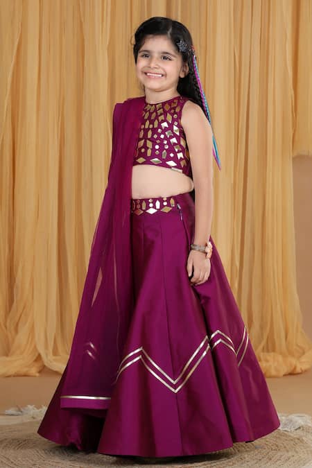 The Little Celebs_Purple Silk, Crepe, Chiffon Embroidery Blouse Lehenga Set _at_Aza_Fashions