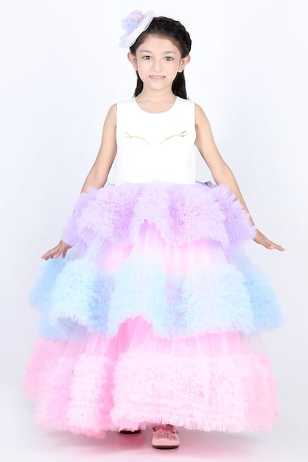 The Little Celebs_Multi Color Net, Satin, Lycra Embroidery Unicorn Ruffle Layered Dress _Online_at_Aza_Fashions