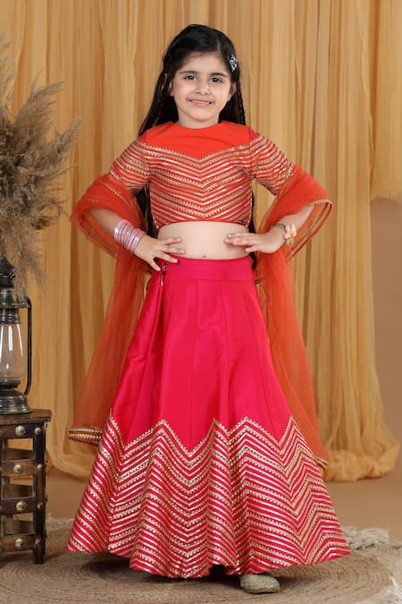 The Little Celebs_Pink Silk, Net, Crepe Gota Patti Blouse Lehenga Set _Online_at_Aza_Fashions