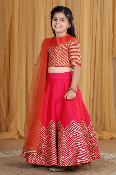 Shop_The Little Celebs_Pink Silk, Net, Crepe Gota Patti Blouse Lehenga Set _Online_at_Aza_Fashions