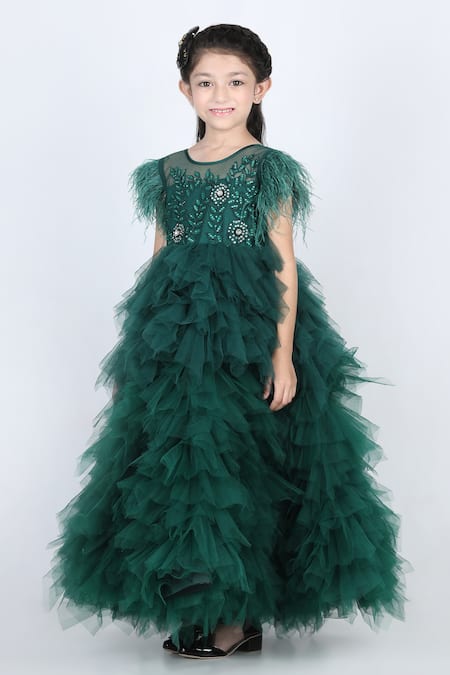 Buy_The Little Celebs_Green Net, Satin Feathers Tiered Ruffle Dress _Online_at_Aza_Fashions