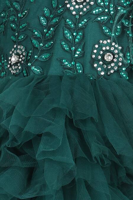 Shop_The Little Celebs_Green Net, Satin Feathers Tiered Ruffle Dress _Online_at_Aza_Fashions