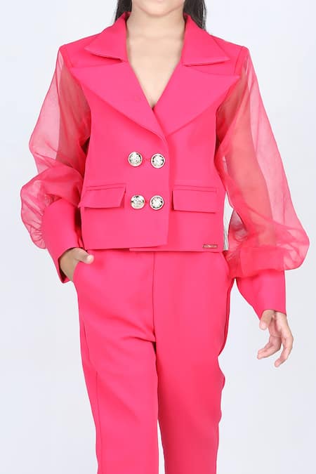 The Little Celebs_Pink Lycra, Satin Metallic Thread Notched Collar Blazer And Pant Set _at_Aza_Fashions