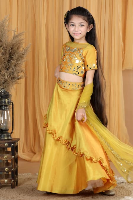 The Little Celebs_Yellow Silk, Net, Crepe Mirrors Embroidered Blouse Lehenga Set _at_Aza_Fashions