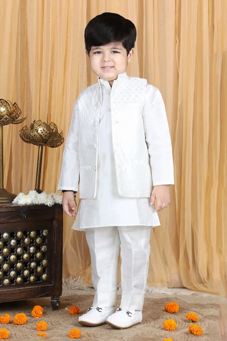 Shop_The Little Celebs_White Silk, Satin Sequins, Embroidery Bundi And Kurta Set _Online_at_Aza_Fashions