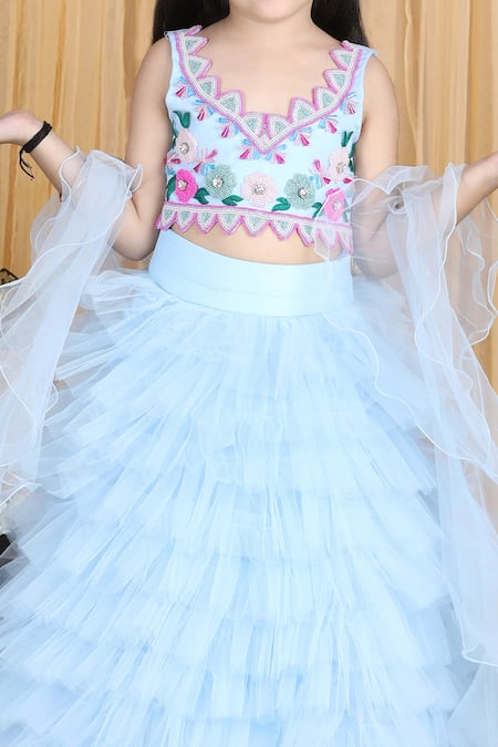 The Little Celebs_Blue Net, Satin Embroidery, Stones Blouse Lehenga Set _at_Aza_Fashions