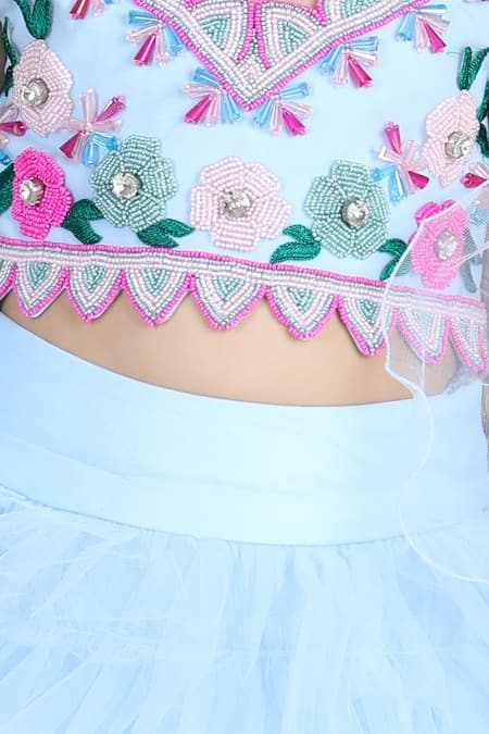 The Little Celebs_Blue Net, Satin Embroidery, Stones Blouse Lehenga Set _Online_at_Aza_Fashions