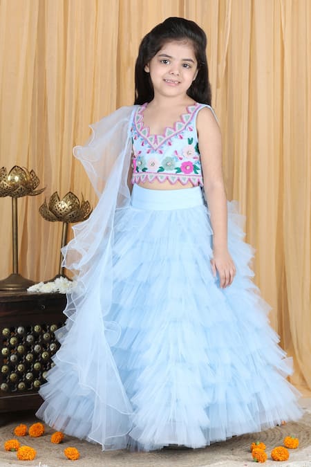Shop_The Little Celebs_Blue Net, Satin Embroidery, Stones Blouse Lehenga Set _Online_at_Aza_Fashions