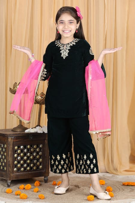 The Little Celebs_Black Velvet, Net, Crepe Embroidery, Zari Placket Kurta Set _Online_at_Aza_Fashions