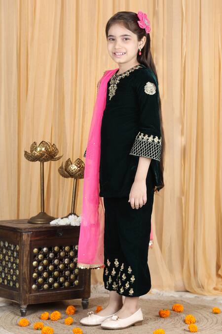 Shop_The Little Celebs_Black Velvet, Net, Crepe Embroidery, Zari Placket Kurta Set _Online_at_Aza_Fashions
