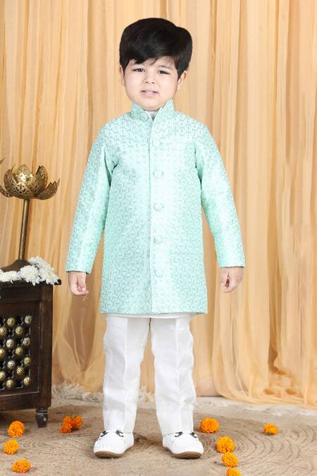 The Little Celebs_Green Silk Embroidery Geometric Sherwani Set_Online_at_Aza_Fashions