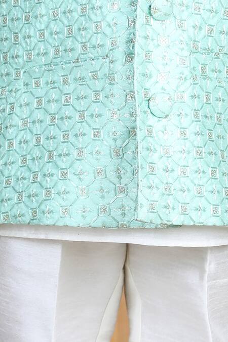 Buy_The Little Celebs_Green Silk Embroidery Geometric Sherwani Set_Online_at_Aza_Fashions