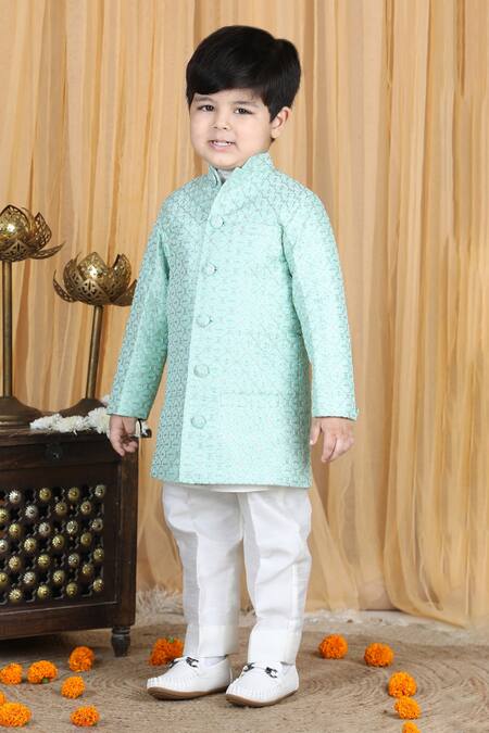 Shop_The Little Celebs_Green Silk Embroidery Geometric Sherwani Set_Online_at_Aza_Fashions