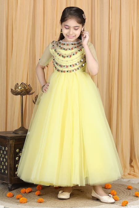 The Little Celebs_Yellow Net, Satin Embroidery Shell Anarkali Dress _Online_at_Aza_Fashions