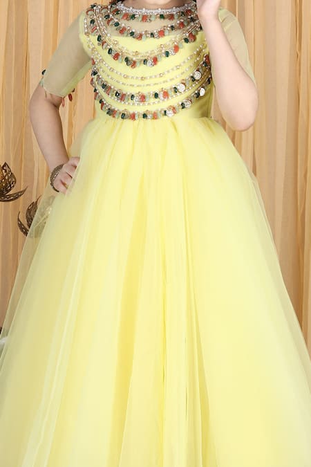 The Little Celebs_Yellow Net, Satin Embroidery Shell Anarkali Dress _at_Aza_Fashions