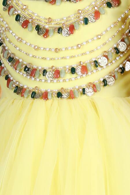 Buy_The Little Celebs_Yellow Net, Satin Embroidery Shell Anarkali Dress _Online_at_Aza_Fashions