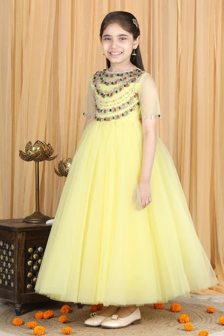 Shop_The Little Celebs_Yellow Net, Satin Embroidery Shell Anarkali Dress _Online_at_Aza_Fashions
