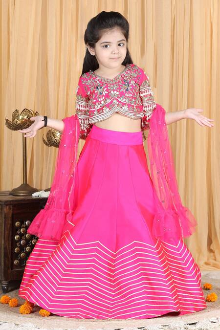 The Little Celebs_Pink Silk, Crepe Pearls, Gota Patti, Tassels Embroidered Blouse Lehenga Set _Online_at_Aza_Fashions