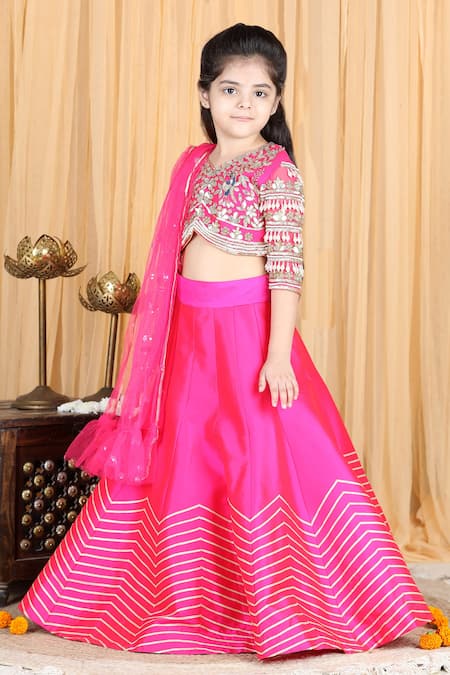 Buy_The Little Celebs_Pink Silk, Crepe Pearls, Gota Patti, Tassels Embroidered Blouse Lehenga Set _Online_at_Aza_Fashions