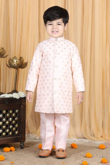 The Little Celebs_Peach Silk, Satin Embroidery Floral Sherwani Set _Online_at_Aza_Fashions