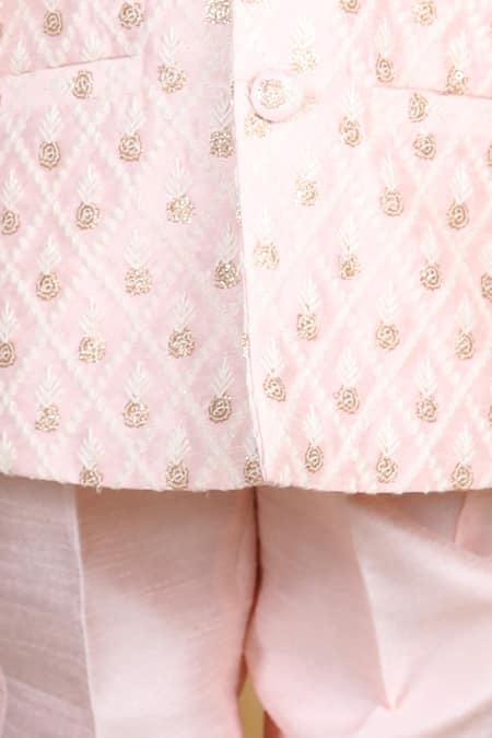 Buy_The Little Celebs_Peach Silk, Satin Embroidery Floral Sherwani Set _Online_at_Aza_Fashions