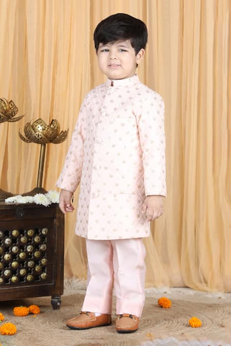 Shop_The Little Celebs_Peach Silk, Satin Embroidery Floral Sherwani Set _Online_at_Aza_Fashions