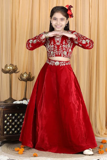 The Little Celebs_Maroon Velvet, Crepe Zari, Embroidery Waistband Lehenga And Blouse Set _Online_at_Aza_Fashions