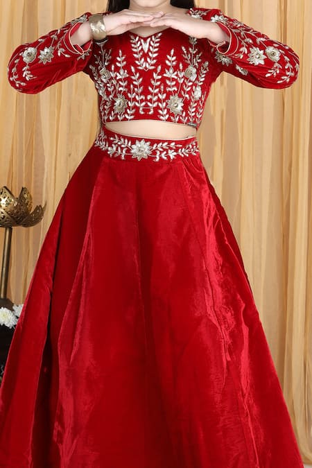 The Little Celebs Maroon Velvet, Crepe Zari, Embroidery Waistband Lehenga And Blouse Set at Aza Fashions The Little Celebs_Maroon Velvet, Crepe Zari, Embroidery Waistband Lehenga And Blouse Set _at_Aza_Fashions
