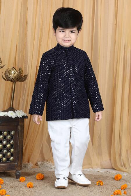 Buy_The Little Celebs_Blue Velvet Embroidery Sequin Coat And Pant Set_Online_at_Aza_Fashions