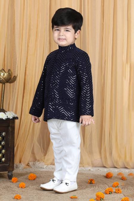 Shop_The Little Celebs_Blue Velvet Embroidery Sequin Coat And Pant Set_Online_at_Aza_Fashions