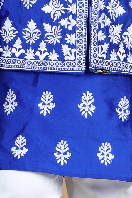 The Little Celebs_Blue Silk, Satin Embroidery Electric Kurta Set _Online_at_Aza_Fashions