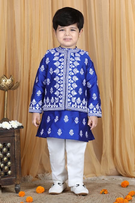 Buy_The Little Celebs_Blue Silk, Satin Embroidery Electric Kurta Set _Online_at_Aza_Fashions