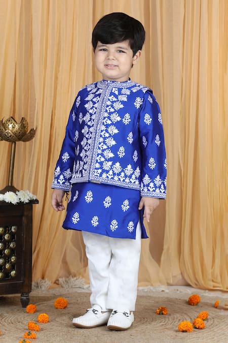 Shop_The Little Celebs_Blue Silk, Satin Embroidery Electric Kurta Set _Online_at_Aza_Fashions