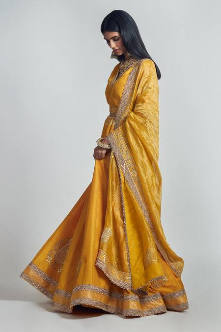 Sheetal Batra Yellow Lehenga And Blouse Raw Dupatta Tissue Razaana Bridal Set Online at Aza Fashions Sheetal Batra_Yellow Lehenga And Blouse Raw Dupatta Tissue Razaana Bridal Set _Online_at_Aza_Fashions