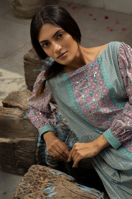 Surbhi Gupta_Blue Georgette Boat Printed Anarkali And Pant Set  _Online_at_Aza_Fashions