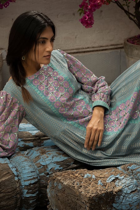 Buy_Surbhi Gupta_Blue Georgette Boat Printed Anarkali And Pant Set  _Online_at_Aza_Fashions