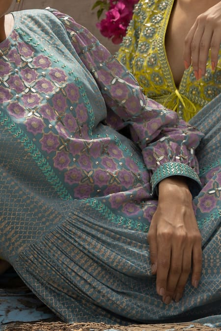 Shop_Surbhi Gupta_Blue Georgette Boat Printed Anarkali And Pant Set  _Online_at_Aza_Fashions