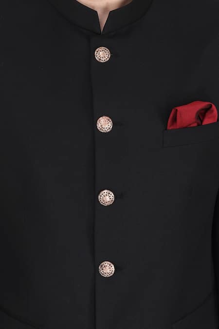 Manish Nagdeo_Black Viscose Blend Plain Mandarin Collar Bandhgala Set _Online_at_Aza_Fashions