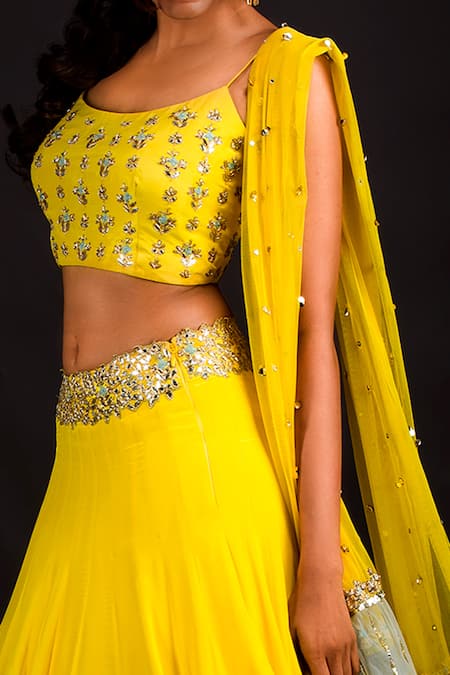 Shop Izzumi Mehta Yellow Lehenga Crepe Blouse Dupion Silk Dupatta Net Embroidered Bridal Set at Aza Fashions Shop_Izzumi Mehta_Yellow Lehenga Crepe Blouse Dupion Silk Dupatta Net Embroidered Bridal Set _at_Aza_Fashions