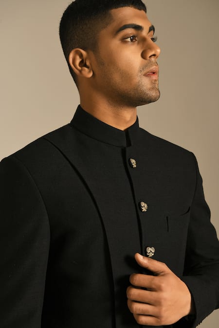 Shop Dhruv Vaish Black Silk Sherwani Set Online at Aza Fashions Shop_Dhruv Vaish_Black Silk Sherwani Set _Online_at_Aza_Fashions