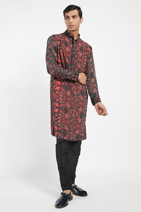 Rabani & Rakha_Black Kurta Georgette Pant Cotton Silk Floral Print Set _Online_at_Aza_Fashions