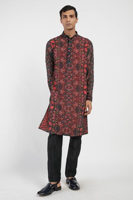 Buy_Rabani & Rakha_Black Kurta Georgette Pant Cotton Silk Floral Print Set _Online_at_Aza_Fashions
