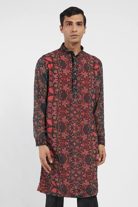 Shop_Rabani & Rakha_Black Kurta Georgette Pant Cotton Silk Floral Print Set _Online_at_Aza_Fashions