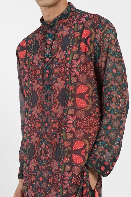 Rabani & Rakha_Black Kurta Georgette Pant Cotton Silk Floral Print Set _at_Aza_Fashions