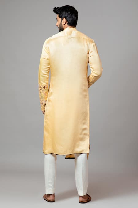 Shop PAARSH Yellow Kurta Linen Satin Pajama Pant Malai Cotton Layered Set at Aza Fashions Shop_PAARSH_Yellow Kurta Linen Satin Pajama Pant Malai Cotton Layered Set _at_Aza_Fashions