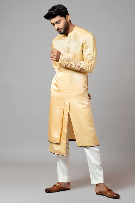 PAARSH Yellow Kurta Linen Satin Pajama Pant Malai Cotton Layered Set Online at Aza Fashions PAARSH_Yellow Kurta Linen Satin Pajama Pant Malai Cotton Layered Set _Online_at_Aza_Fashions