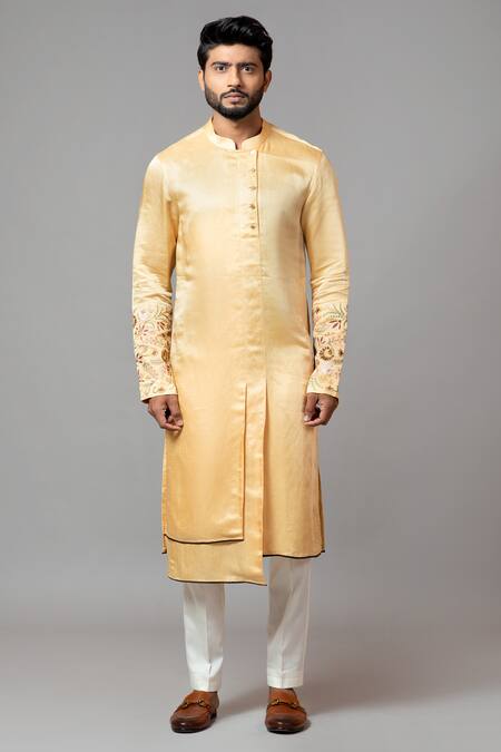 Buy PAARSH Yellow Kurta Linen Satin Pajama Pant Malai Cotton Layered Set Online at Aza Fashions Buy_PAARSH_Yellow Kurta Linen Satin Pajama Pant Malai Cotton Layered Set _Online_at_Aza_Fashions