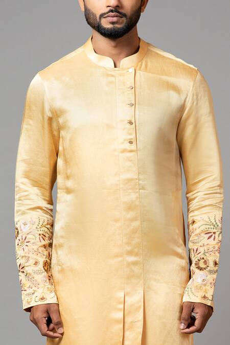 Shop PAARSH Yellow Kurta Linen Satin Pajama Pant Malai Cotton Layered Set Online at Aza Fashions Shop_PAARSH_Yellow Kurta Linen Satin Pajama Pant Malai Cotton Layered Set _Online_at_Aza_Fashions