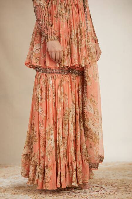 Shop Astha Narang Peach Crepe, Chiffon Round Floral Print Kurta Sharara Set Online at Aza Fashions Shop_Astha Narang_Peach Crepe, Chiffon Round Floral Print Kurta Sharara Set _Online_at_Aza_Fashions